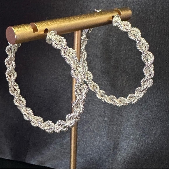 Silver-Plated Twisted Rope Hoop Earrings 1.75" - Picture 4 of 9